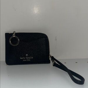 kate spade black pebbled leather wristlet card case with keyring